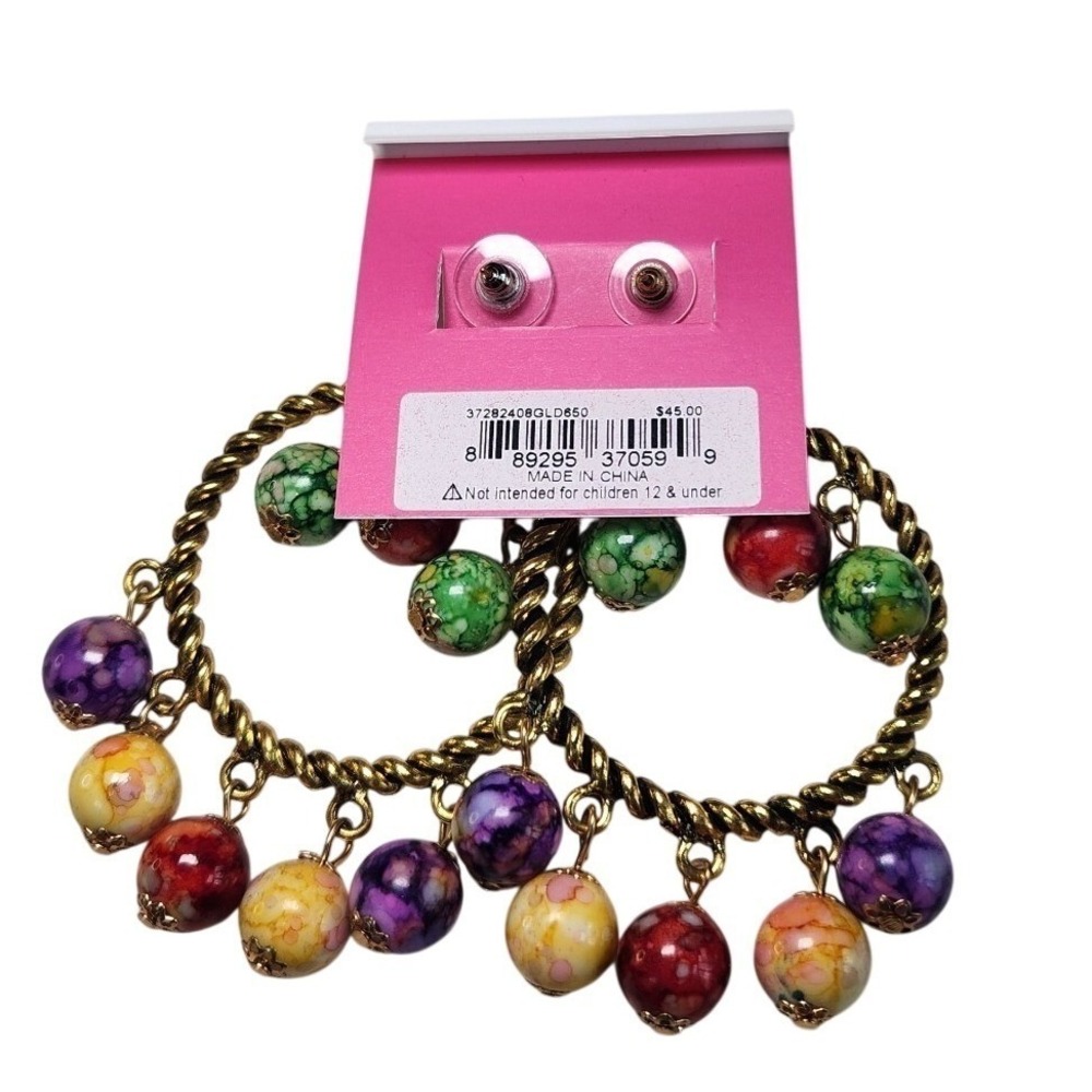 BETSEY JOHNSON Hoop‎ Dangle Earrings Colorful Beaded Large Boho NEW - Picture 2 of 4